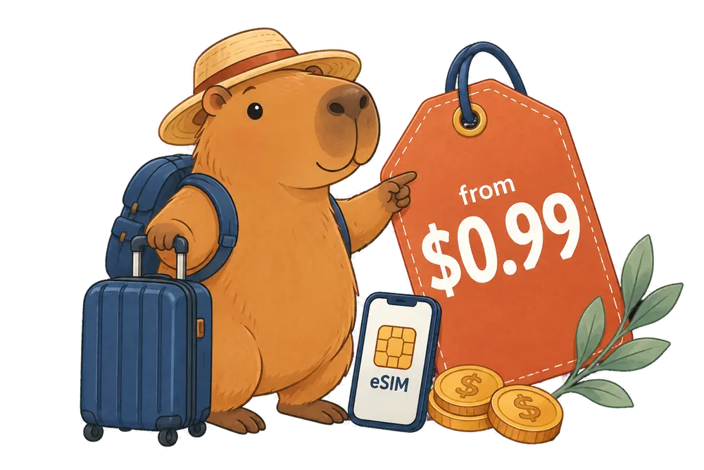 Capybara traveller with a suitcase, an eSIM phone and a price tag reading from $0.99