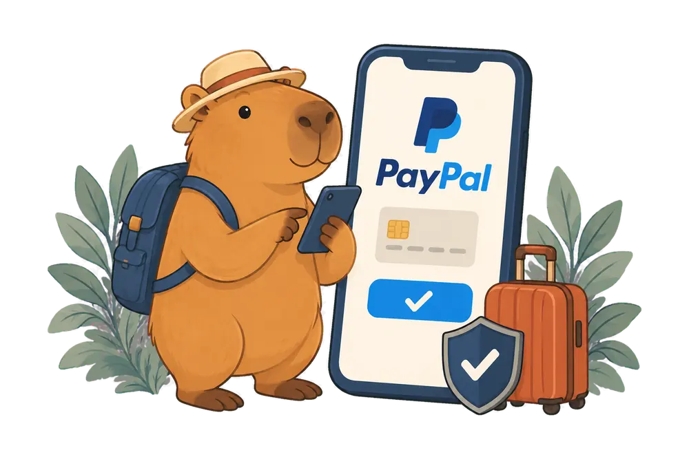 Capybara using a phone beside a PayPal checkout screen