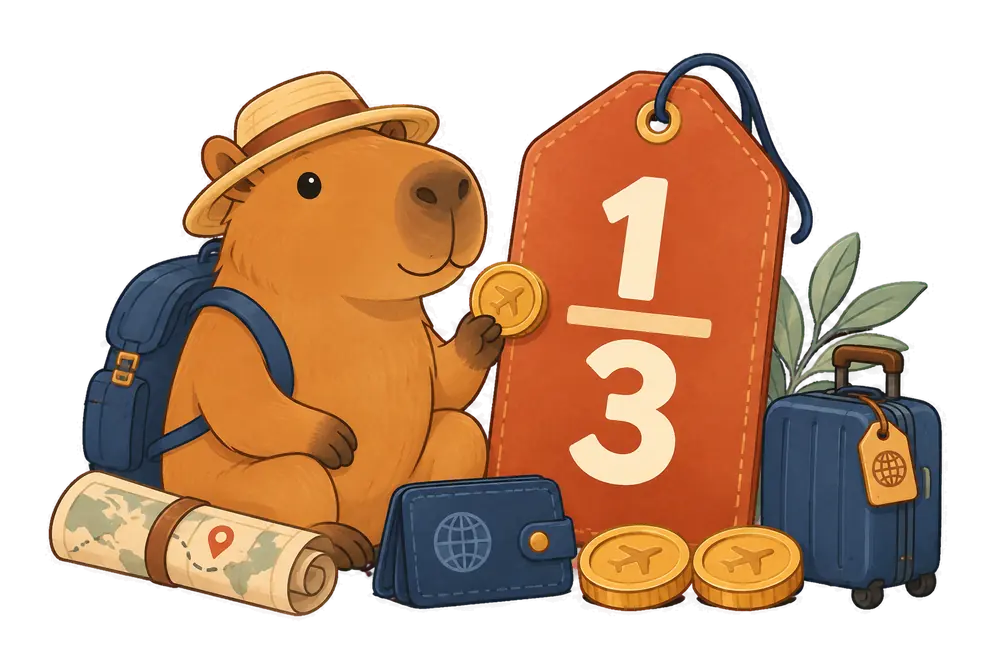 Capybara holding one of three coins beside a one-third price tag