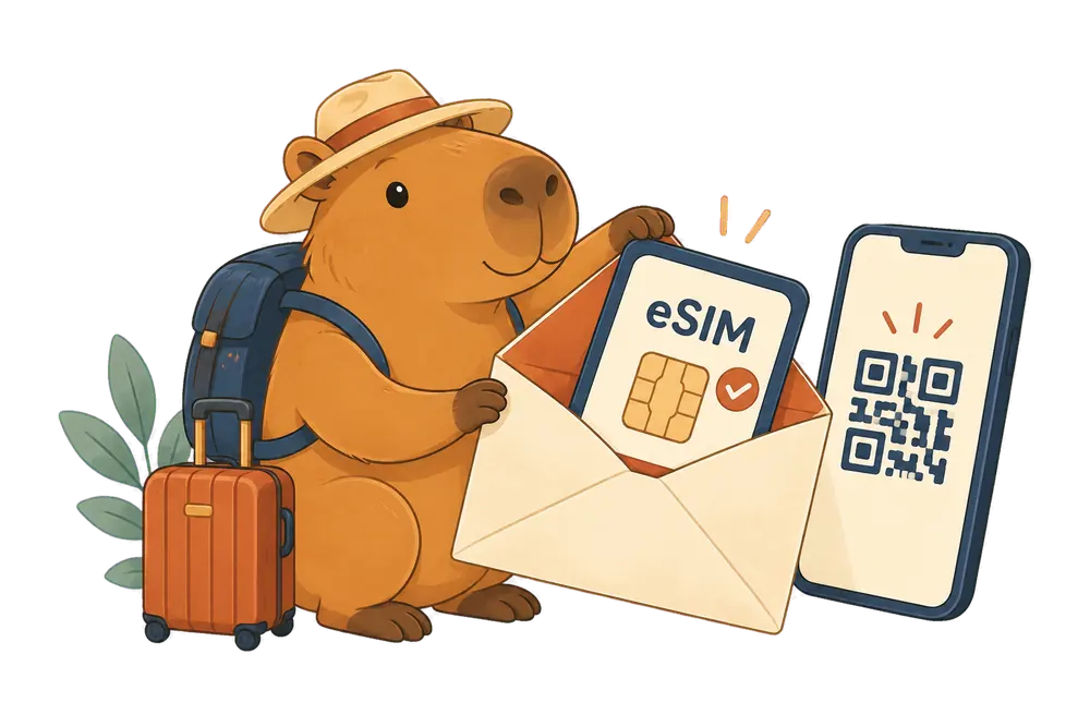 Capybara opening an envelope holding a digital eSIM card, next to a phone showing a QR code