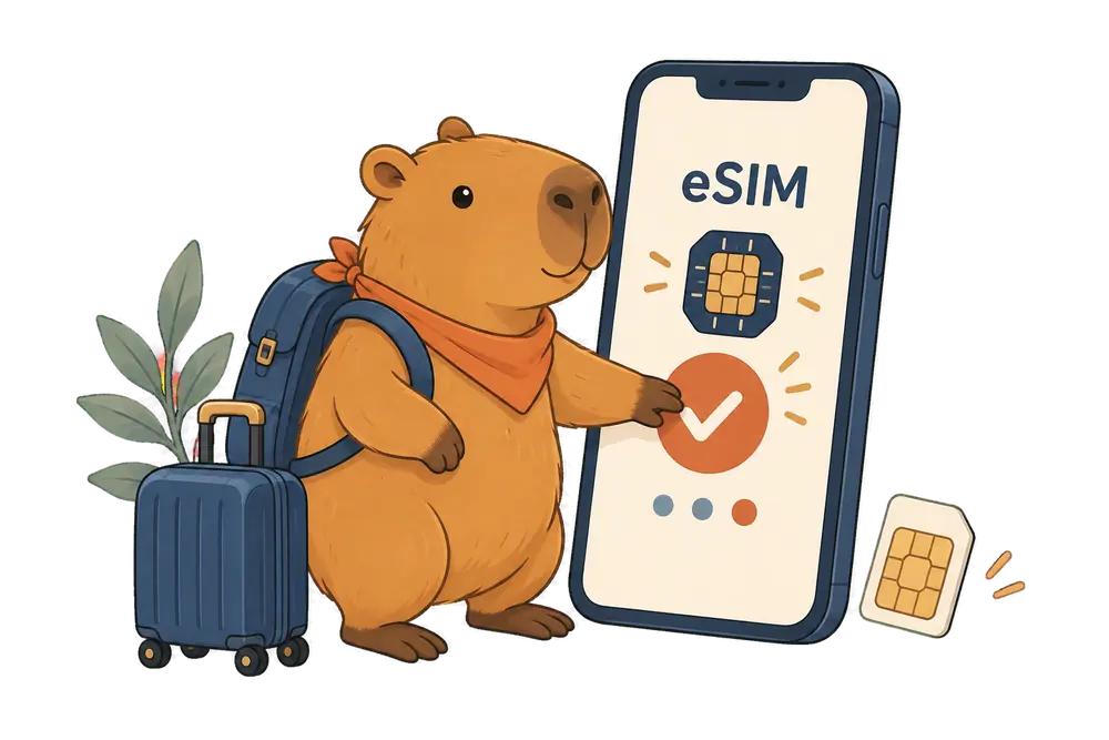 Capybara tapping a successful eSIM installation on a smartphone