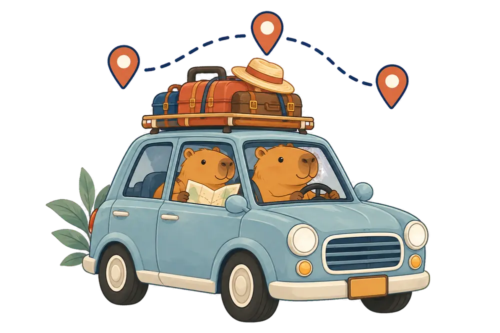 Two capybaras on a road trip under a route connecting three destinations