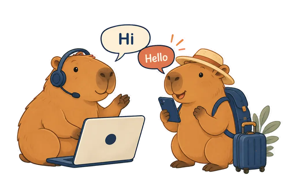 Support capybara with a headset helping a traveller