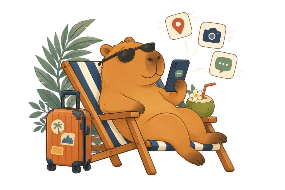 Relaxed capybara on a deckchair using maps, camera and messaging on its phone